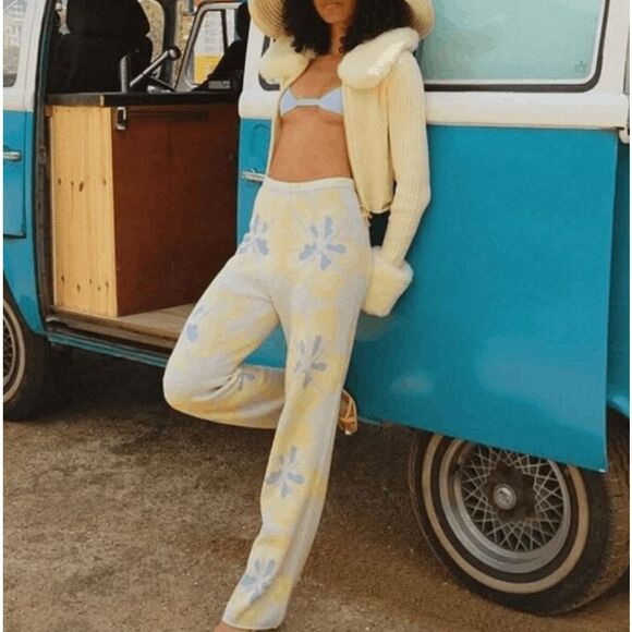 NWT House of Sunny Hibiscus Aarons Knit Floral Pants Yellow Blue Vol 18 Size 4 - Picture 1 of 14